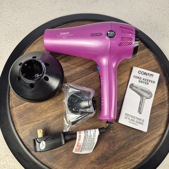 Conair 1875 Watt Cord Keeper Hair Dryer with Ionic Technology Pink 3 Piece Set - Picture 1 of 8